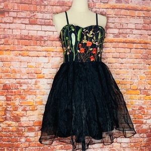 CALS Black Floral Embroidered Short Fairy Core Dress